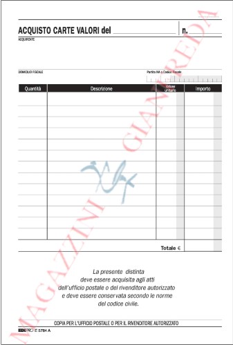 RICEVUTA ACQUISTO VALORI BOLLATI, 50 FOGLI DOPPIA COPIA E5784A